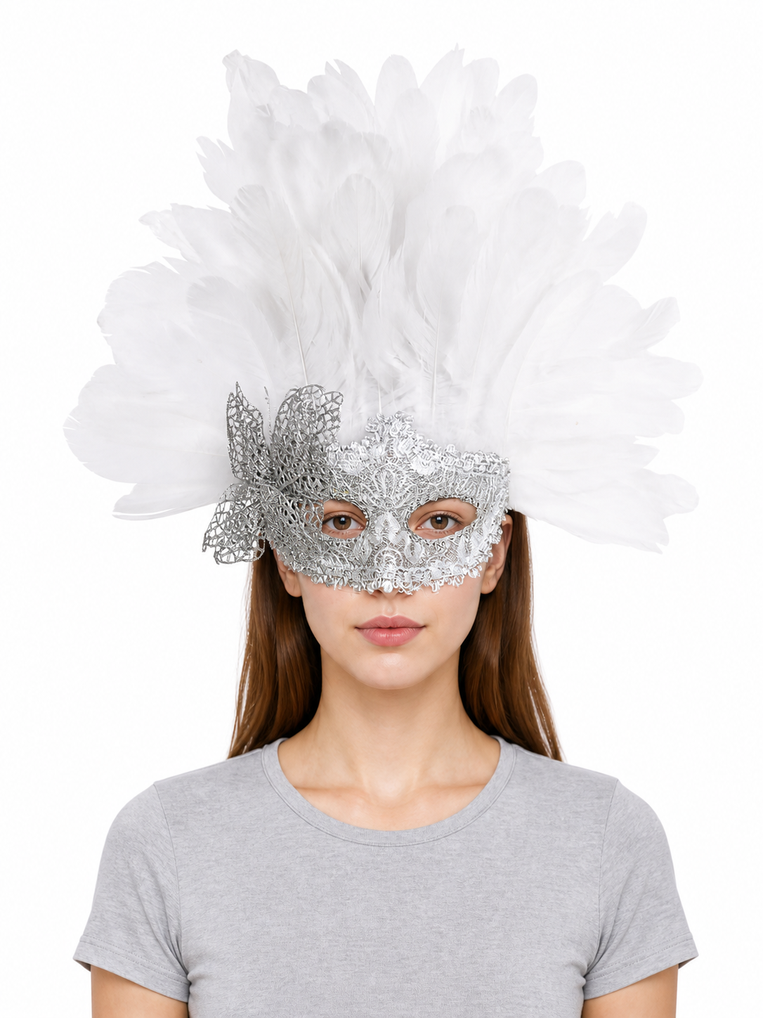 White feather masquerade mask with silver lace detailing worn front-facing by a model in a gray T-shirt