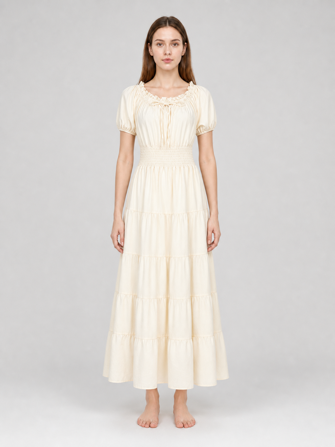 Tiered Dress with Puff Sleeves and Gathered Details