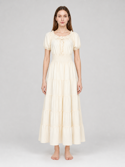 Tiered Dress with Puff Sleeves and Gathered Details