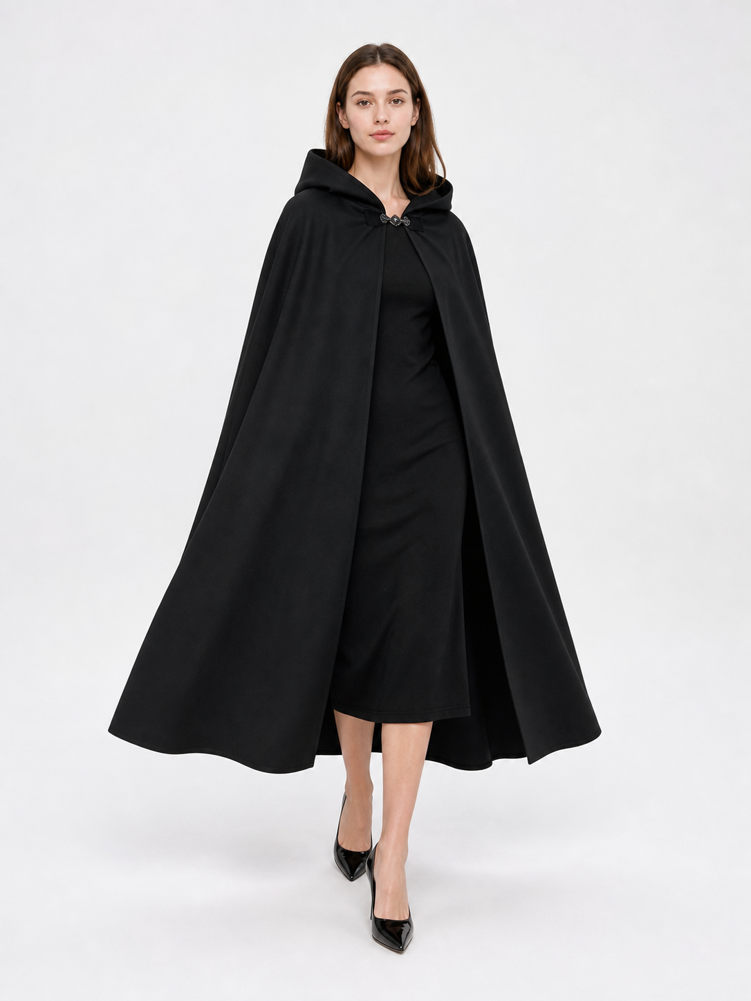 Long black hooded carnival cloak