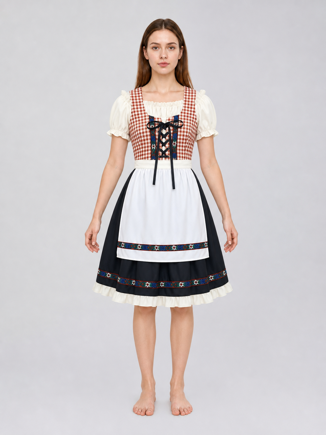 This traditional costume is designed in a vintage folk style and is suitable for creating a striking look for a costume party, themed event, holiday program, or cultural performance. The dress features a brown-and-white plaid pattern: this 