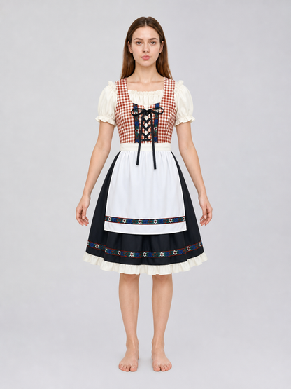 This traditional costume is designed in a vintage folk style and is suitable for creating a striking look for a costume party, themed event, holiday program, or cultural performance. The dress features a brown-and-white plaid pattern: this 