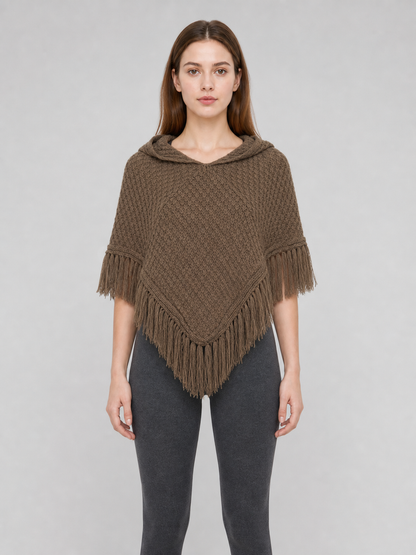 Adult Brown Hooded Triangle Cape with Long Fringe Trim, Diamond Texture, Ring Buckle Belt and Black Lining