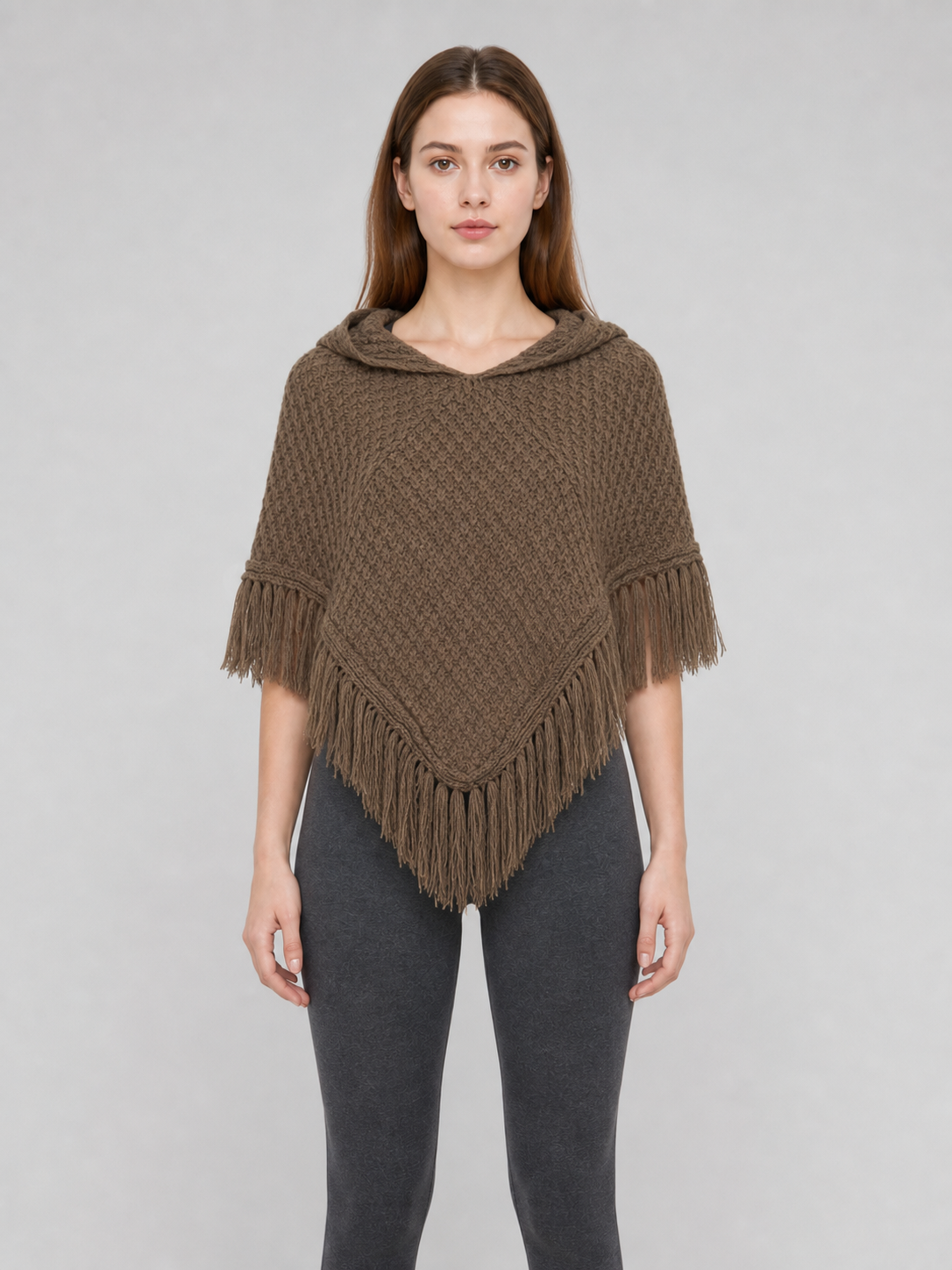 Triangle Hooded Cape with Fringe, Brown