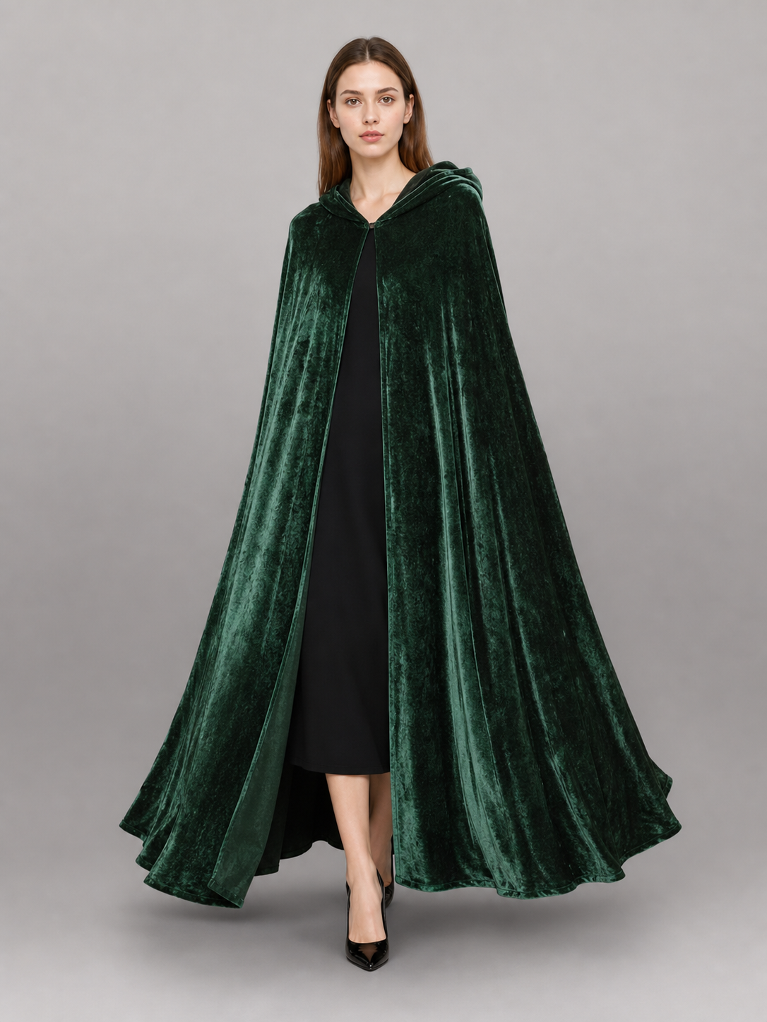 Dark green hooded velvet costume cape product view 48