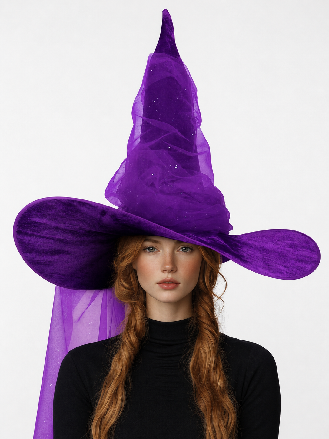 Purple Halloween Witch Hat for Women and Men, Tall Pointed Wide Floppy Brim with Layered Sheer Mesh Draping and Glitter-Like Specks for Cosplay Costume Party