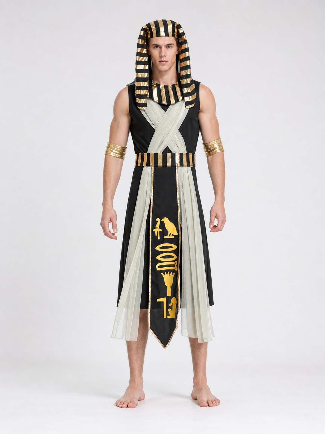 Men’s Egyptian Pharaoh Halloween Costume Set, 4-Piece Role Play Outfit with Headpiece, Neck Ornament and Belt for Cosplay Stage Performance