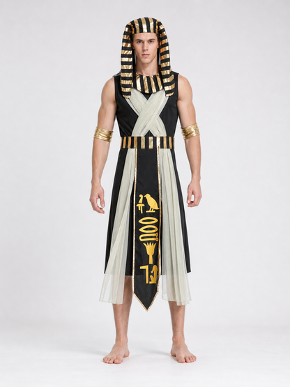 Men’s Egyptian Pharaoh Halloween Costume Set, 4-Piece Role Play Outfit with Headpiece, Neck Ornament and Belt for Cosplay Stage Performance