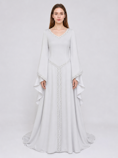 White Maxi Dress with Embroidery and Flared Sleeves