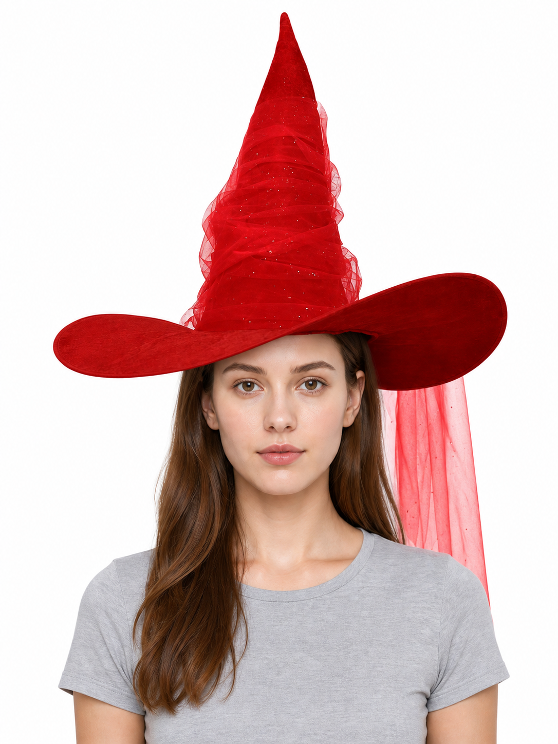Red Halloween Witch Hat Tall Pointed Cone Wide Curved Brim Sheer Layered Glitter Speckled Costume Accessory for Parties and Photography
