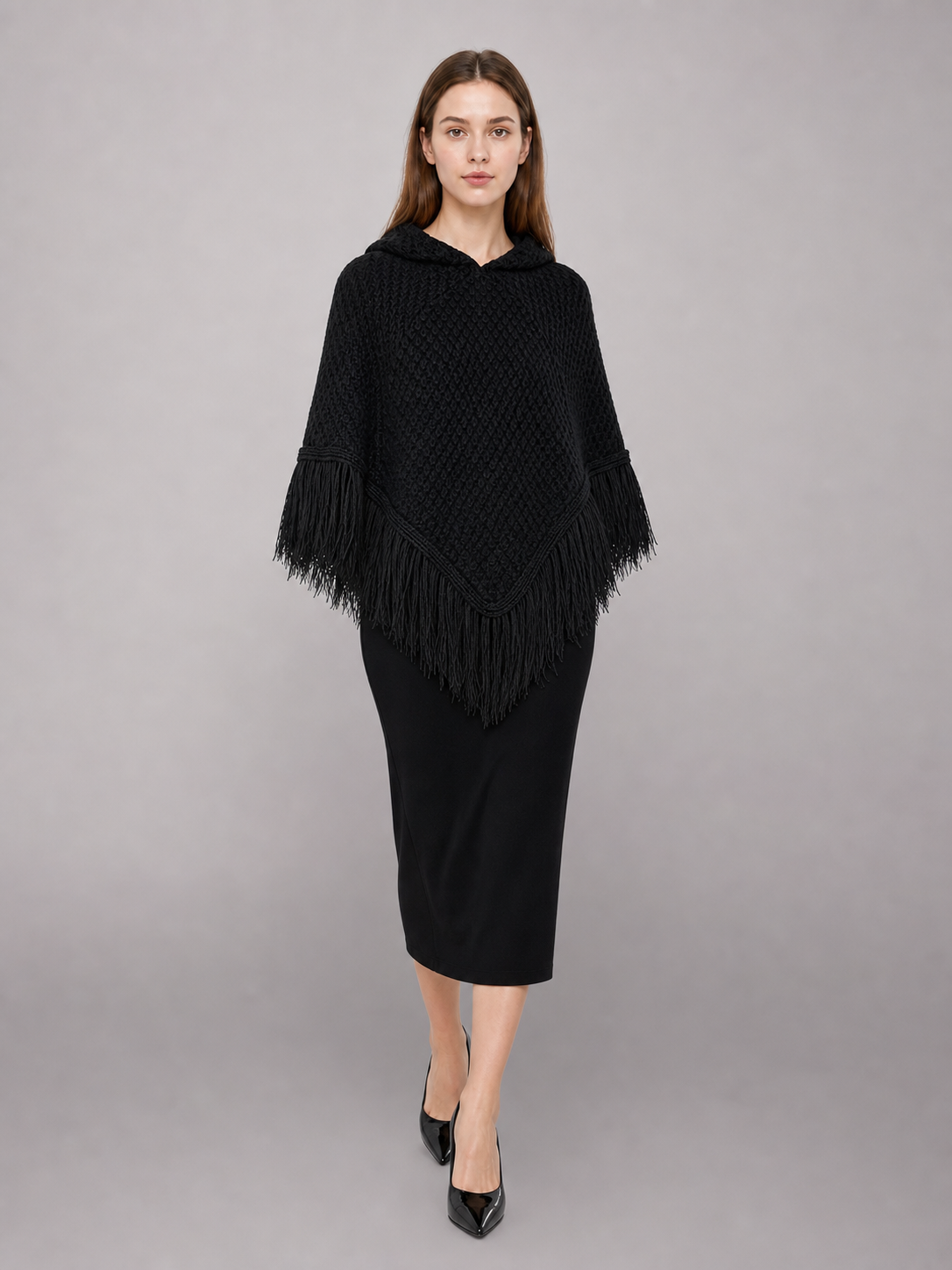 Triangular Hooded Poncho Cape with Belt