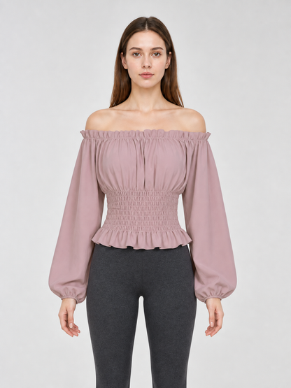 Cropped Blouse with Puff Sleeves and Ruffle