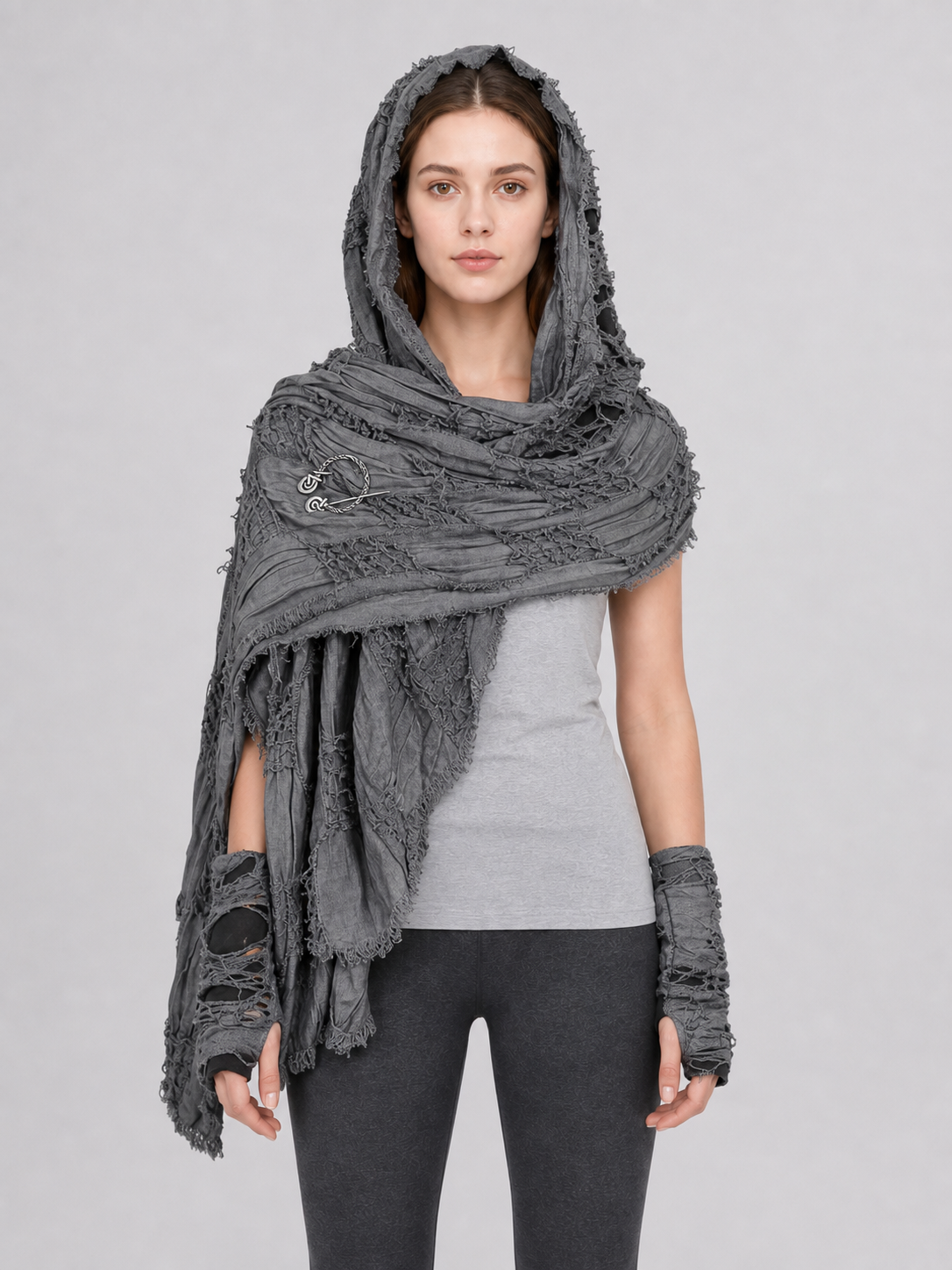 Hooded scarf with fingerless gloves, grunge design