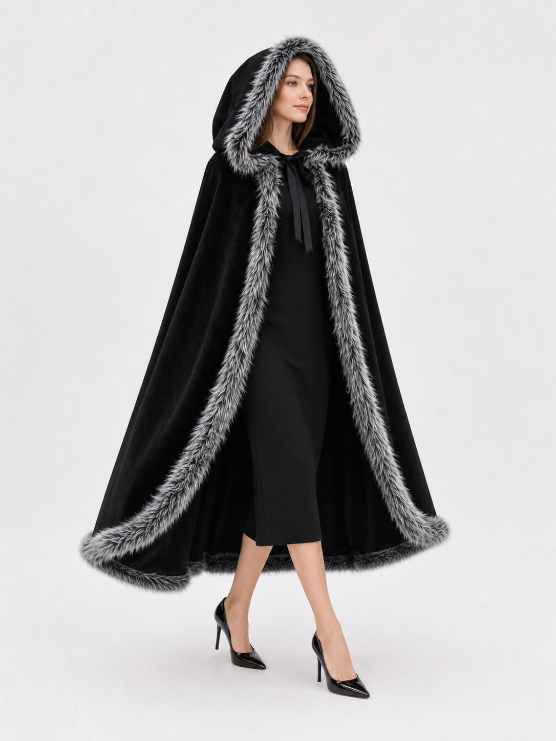 Black carnival cape with hood and shaggy trim