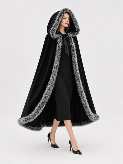 Black carnival cape with hood and shaggy trim