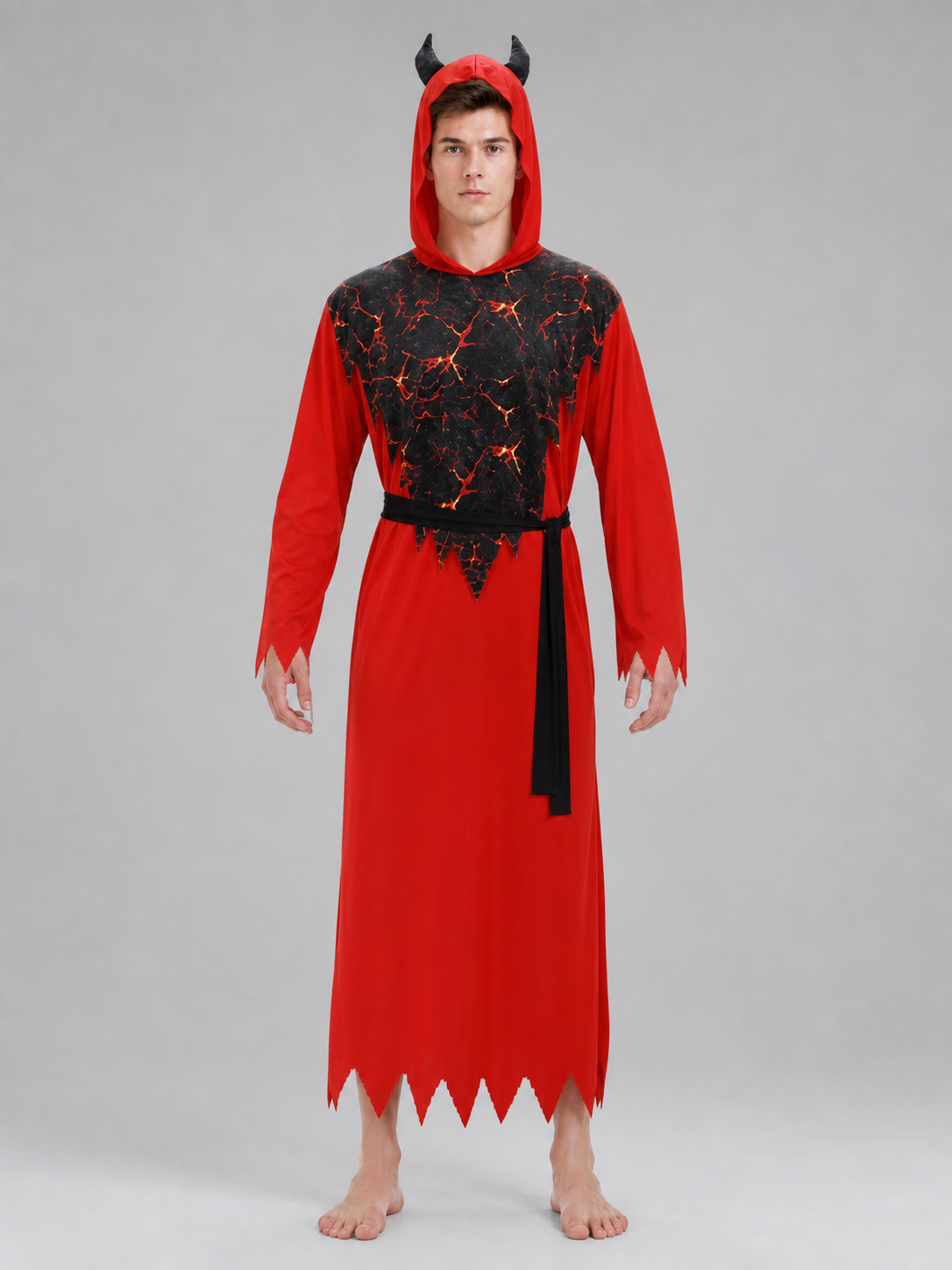 Hooded Devil Costume with Belt and Ragged Hem