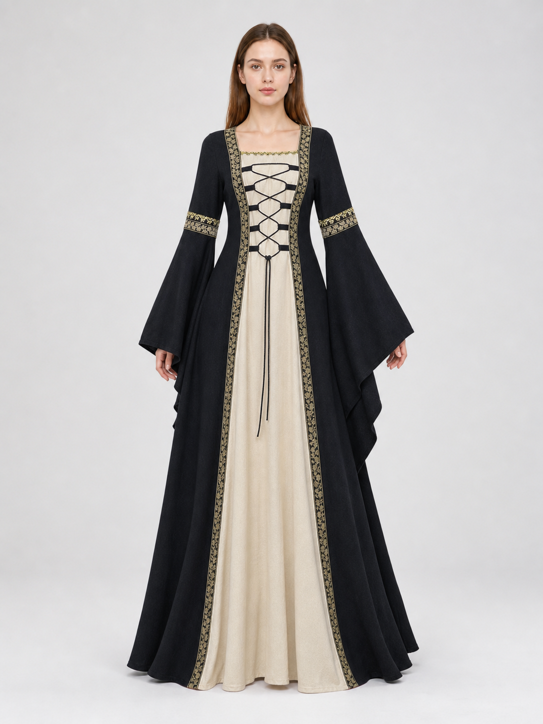 Medieval-style dress with flared sleeves, lacing, and decorative trim. The design is made in black with a cream-colored center panel and golden floral elements along the edges and on the cuffs. The open front layer frames the light-colored 
