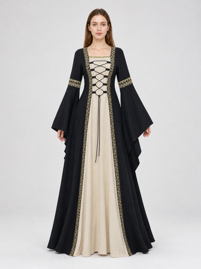 Medieval-style dress with flared sleeves, lacing, and decorative trim. The design is made in black with a cream-colored center panel and golden floral elements along the edges and on the cuffs. The open front layer frames the light-colored 