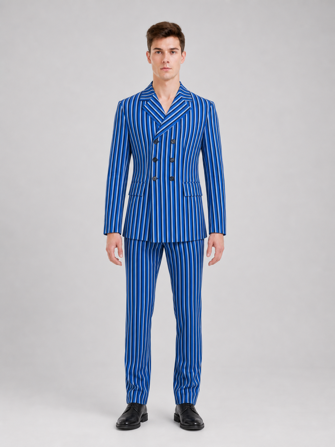 The Doctor Who cosplay double-breasted suit is designed in a white-and-blue color scheme with vertical stripes. The set includes a jacket and pants made in the same design. The jacket features a double-breasted closure, peaked lapels, and f