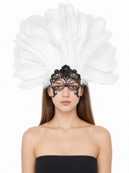 Masquerade Lace Eye Mask with White Feathers