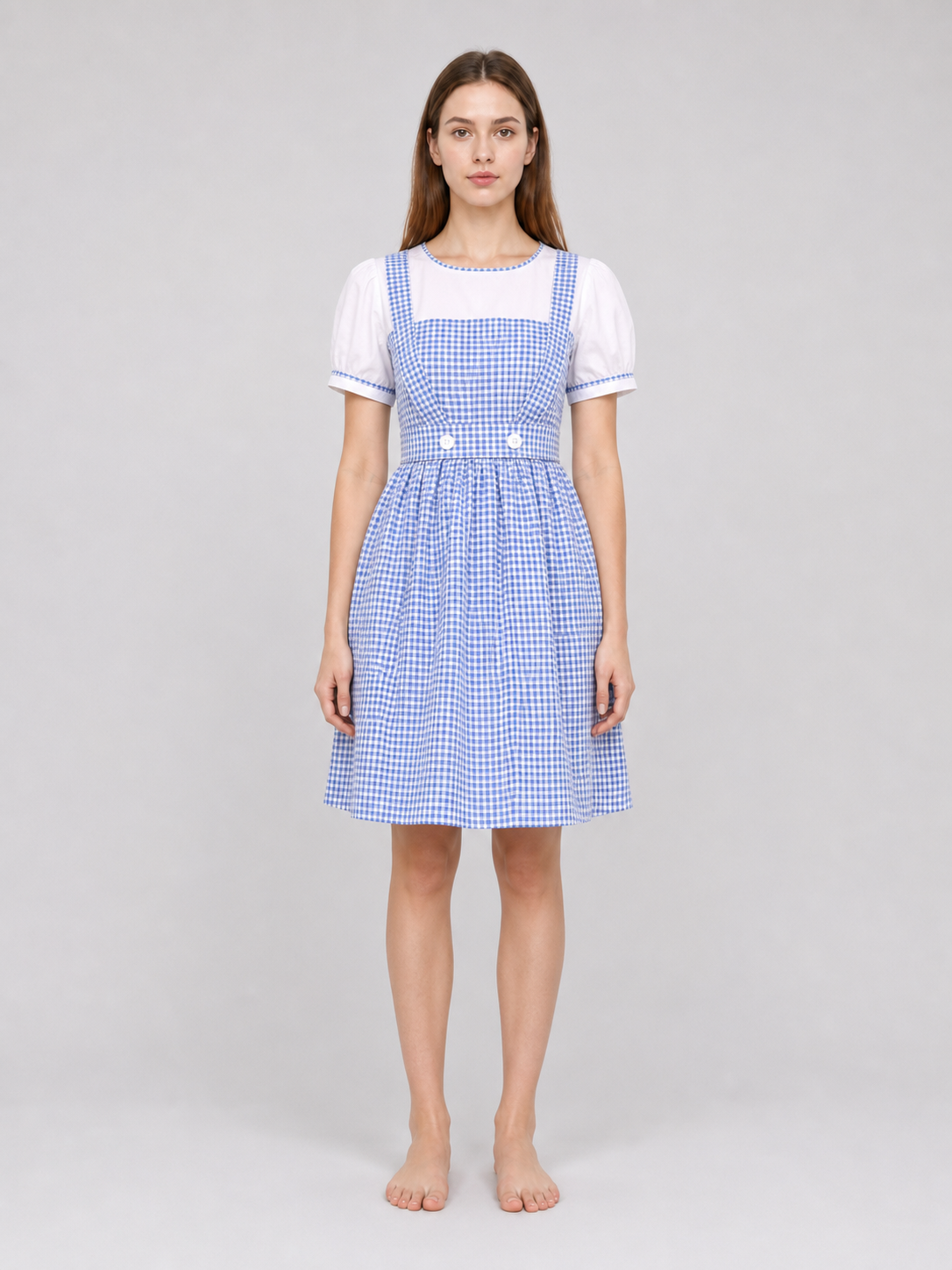 Blue-and-white plaid dress with puff sleeves