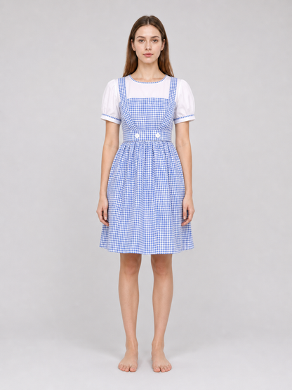 Blue-and-white plaid dress with puff sleeves