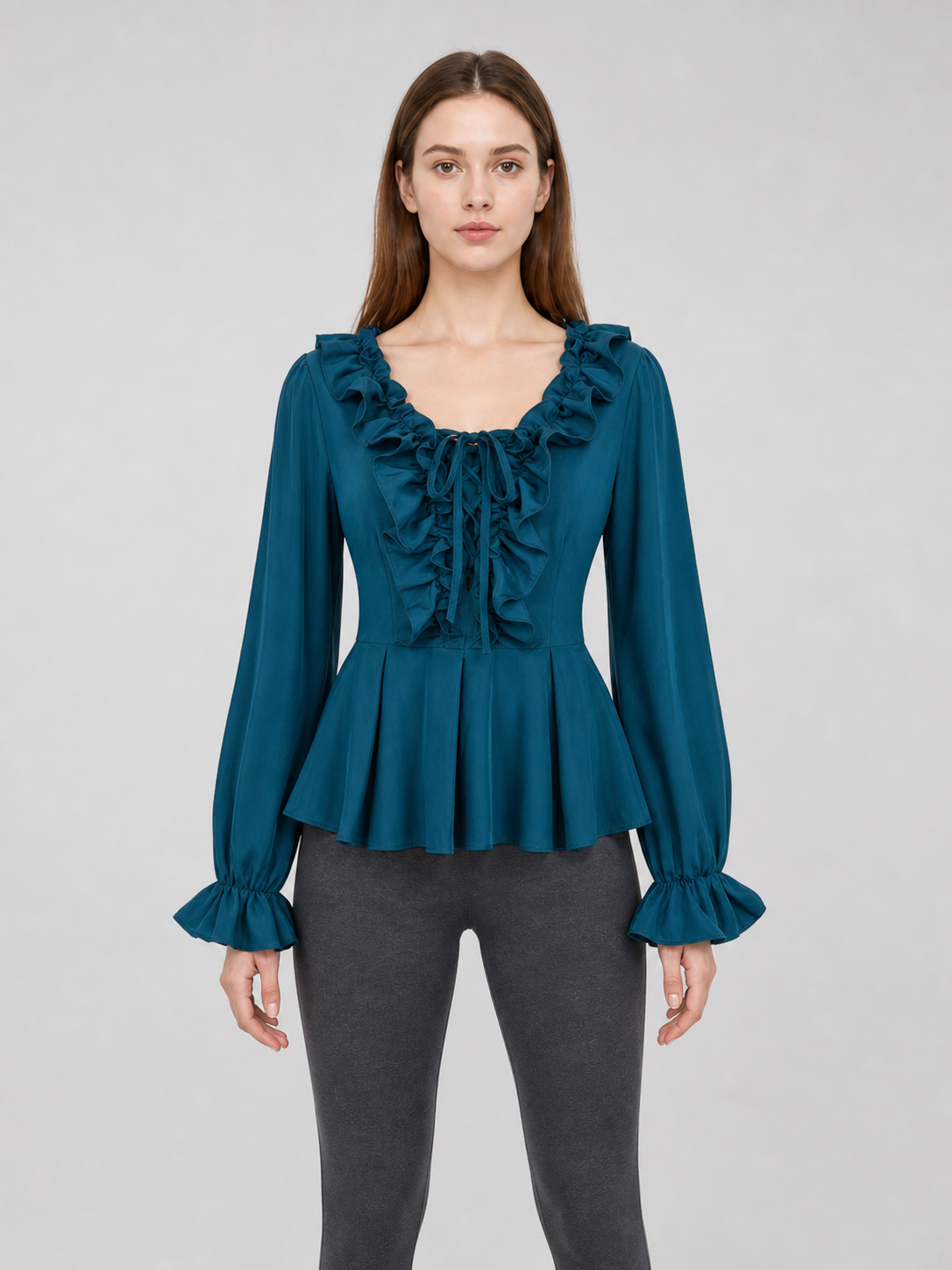 Renaissance Blouse with a Jabot, Lace-Up Detail, and Sleeves