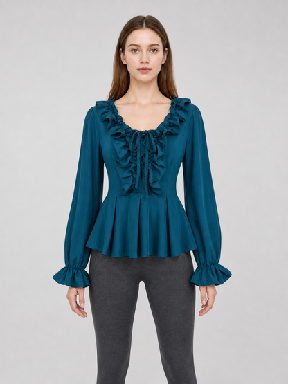 Renaissance Blouse with a Jabot, Lace-Up Detail, and Sleeves