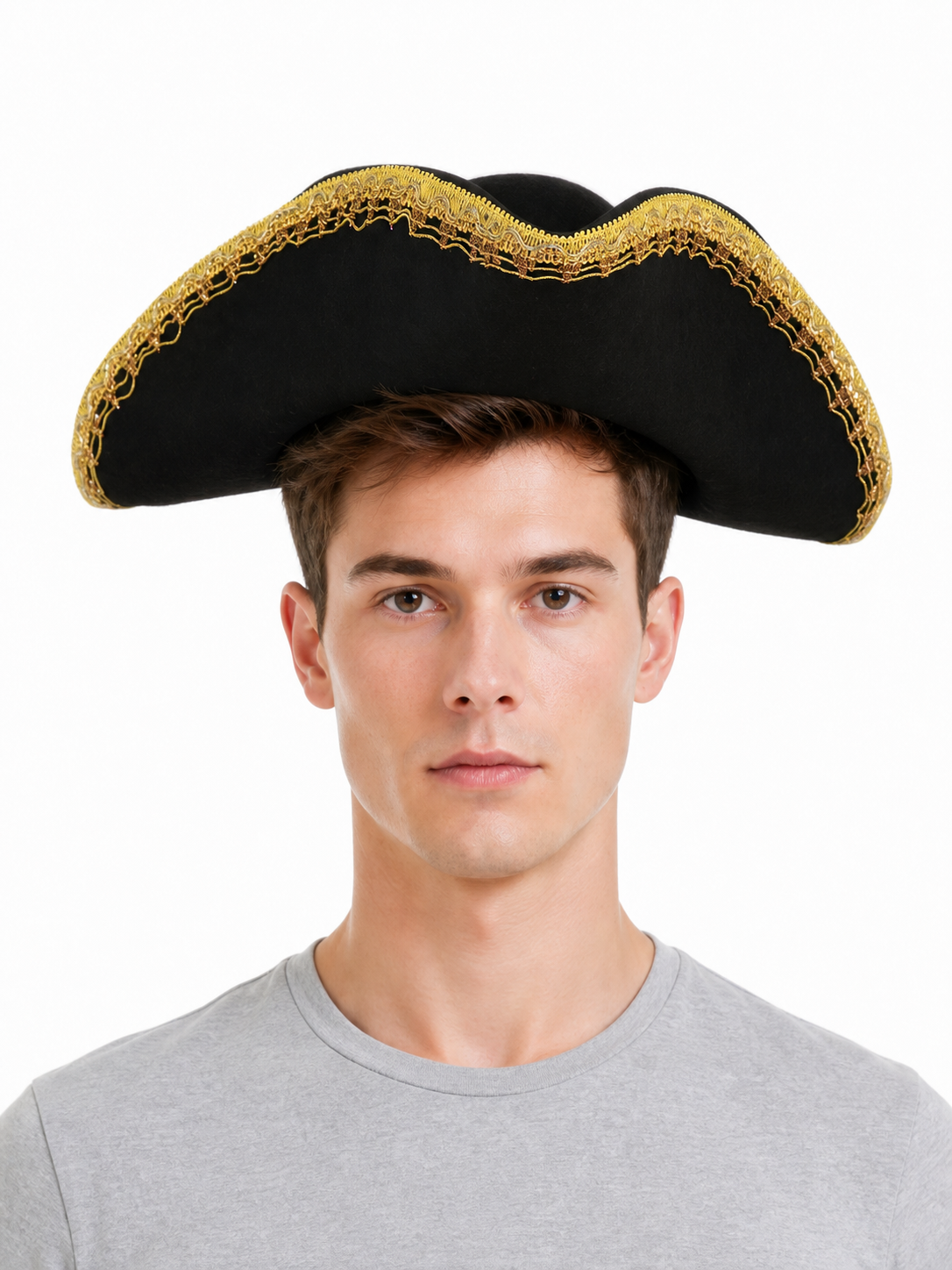 Black and Gold Trim Pirate Hat, Wide Curved Tricorn Costume Headpiece with Structured Crown for Cosplay, Costume Parties and Themed Events