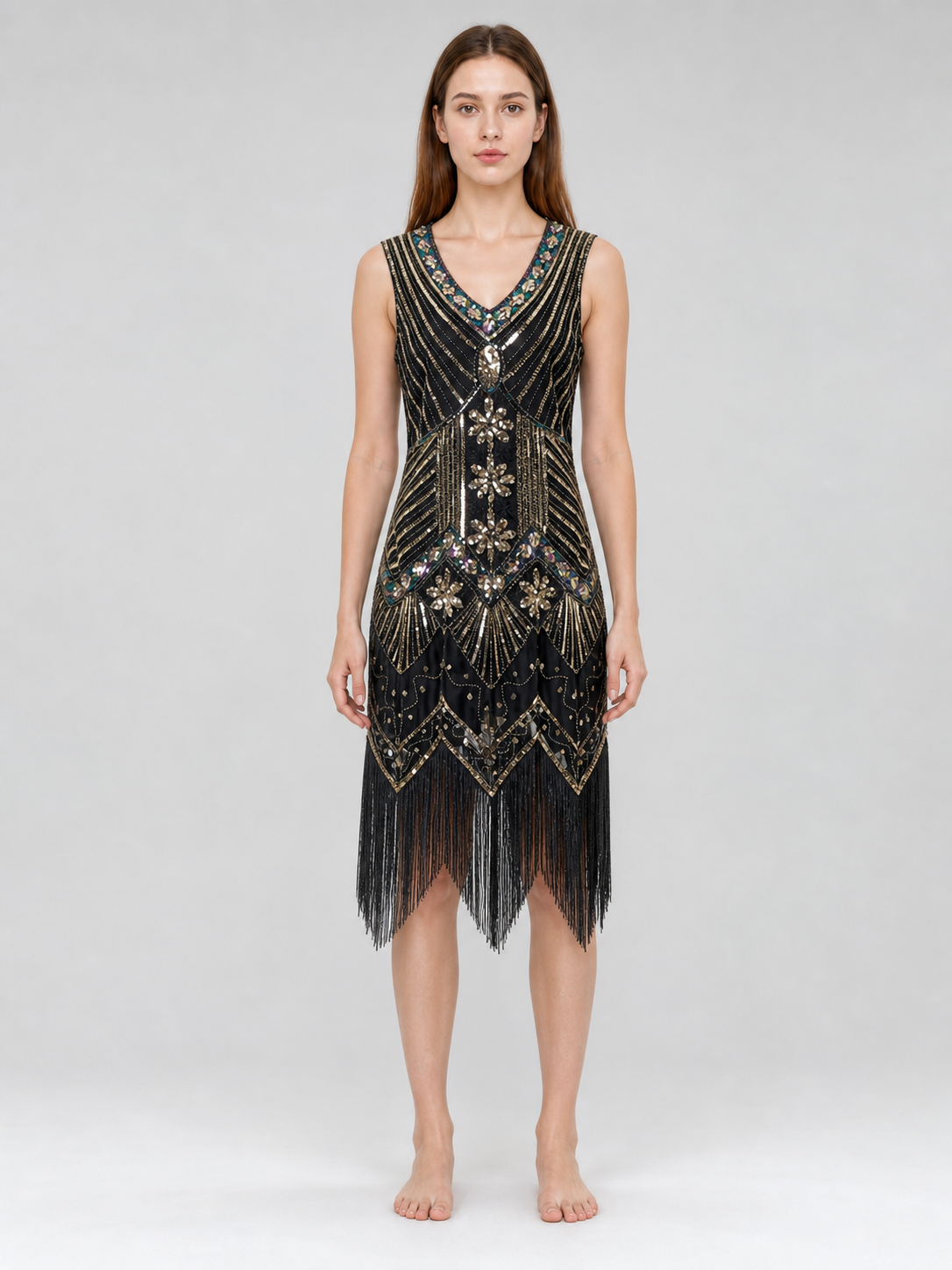 Art Deco Dress with Geometric Embellishment and Fringe
