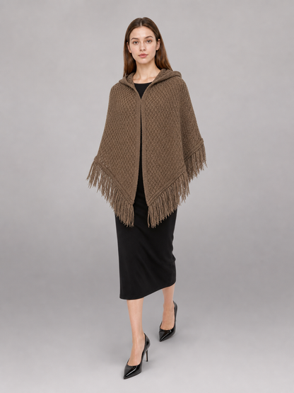 Triangle Hooded Cape with Fringe, Brown