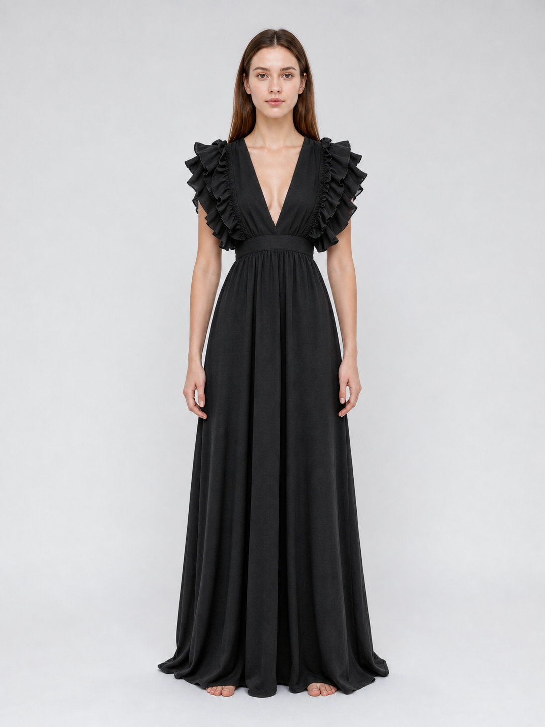 Floor-Length Evening Dress with a Deep V-Neckline