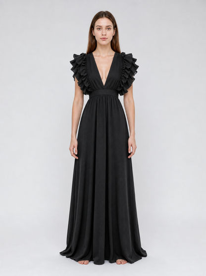 Floor-Length Evening Dress with a Deep V-Neckline