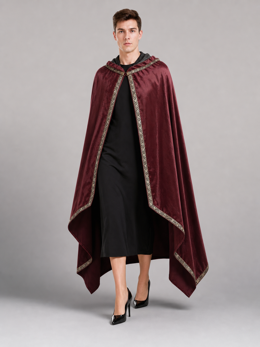 Burgundy velvet-look hooded costume cape product view 26