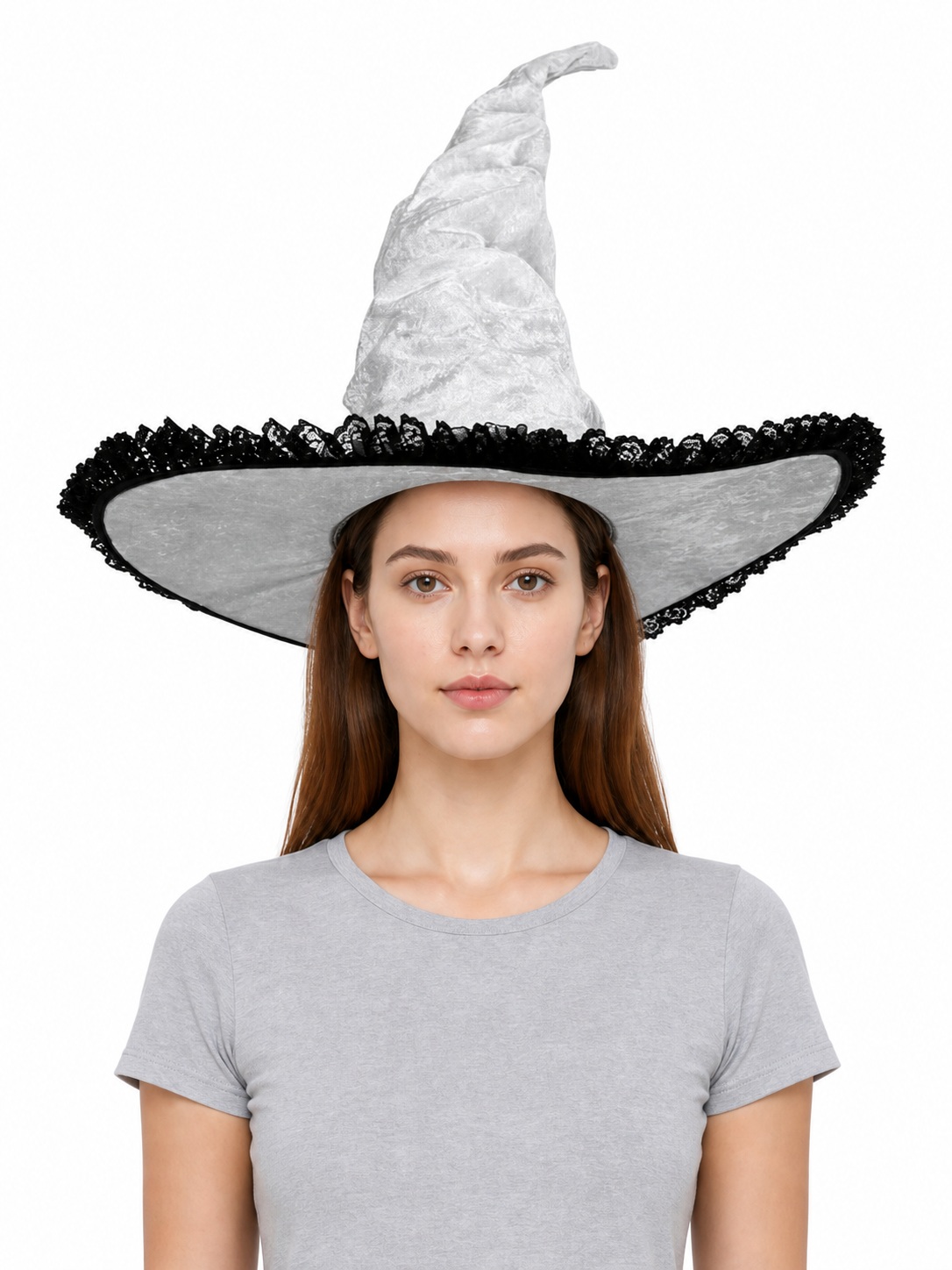 Light Gray White Halloween Witch Hat with Black Lace Trim, Tall Bent Pointed Crown and Wide Brim for Witch Cosplay Costume Party