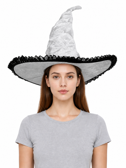 Light Gray White Halloween Witch Hat with Black Lace Trim, Tall Bent Pointed Crown and Wide Brim for Witch Cosplay Costume Party