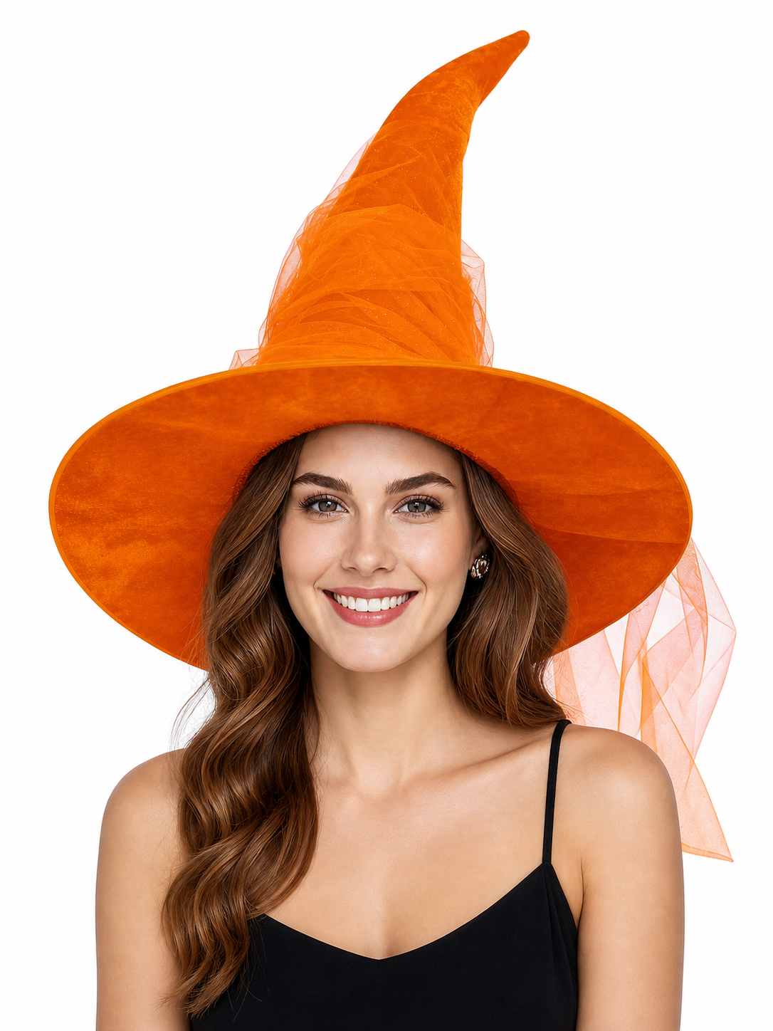 Orange Halloween Witch Hat with Very Tall Curved Pointed Crown, Wide Wavy Brim and Attached Sheer Veil for Costume Parties