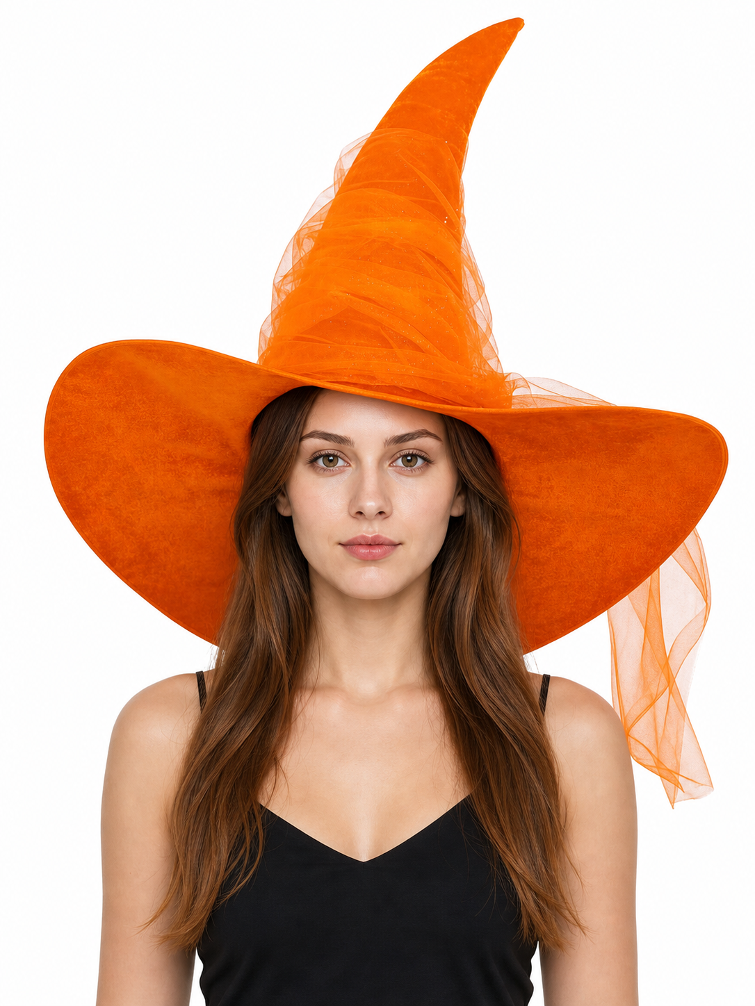 Orange Halloween Witch Hat, Tall Curved Pointed Crown, Wide Floppy Brim, Sheer Mesh Draping, Costume Accessory for Parties