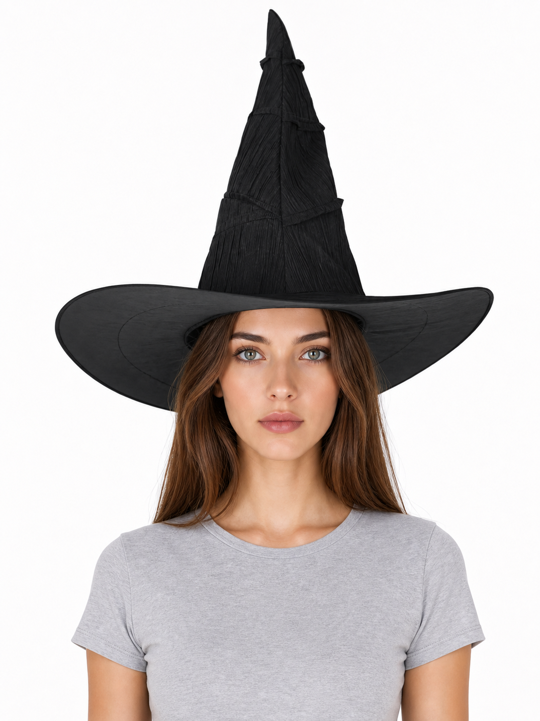 Matte Black Halloween Witch Hat Tall Pointed Crown Wide Curved Floppy Brim Ruched Costume Accessory for Cosplay Party Stage Dress Up