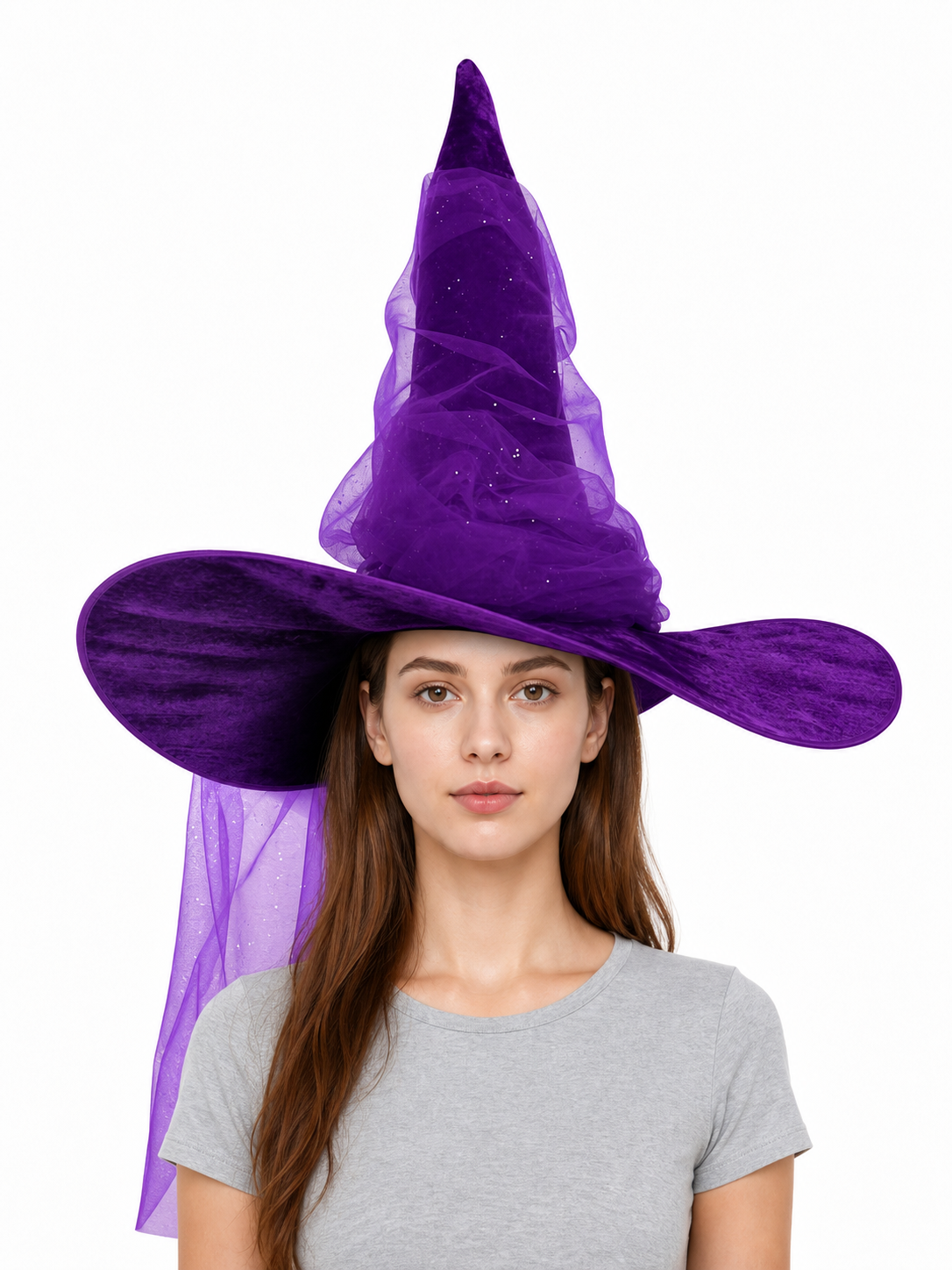 Purple Halloween Witch Hat for Women and Men, Tall Pointed Wide Floppy Brim with Layered Sheer Mesh Draping and Glitter-Like Specks for Cosplay Costume Party