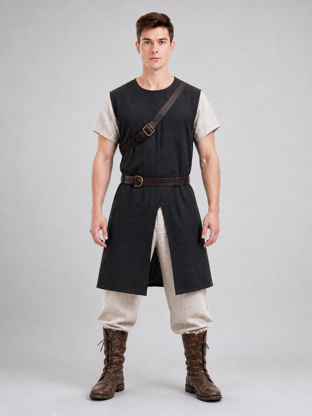 Black Sleeveless Tunic with Fur Trim and Belt