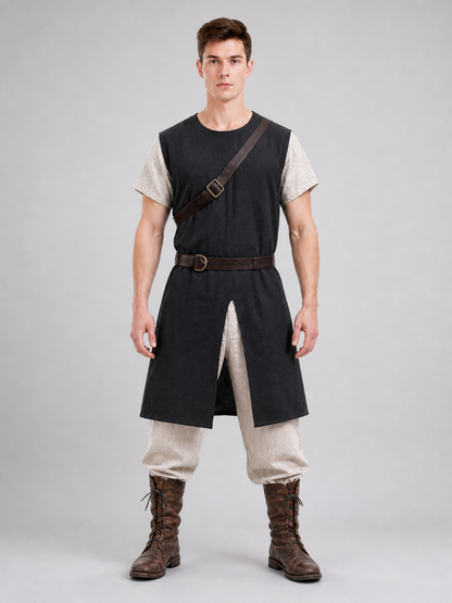 Black Sleeveless Tunic with Fur Trim and Belt