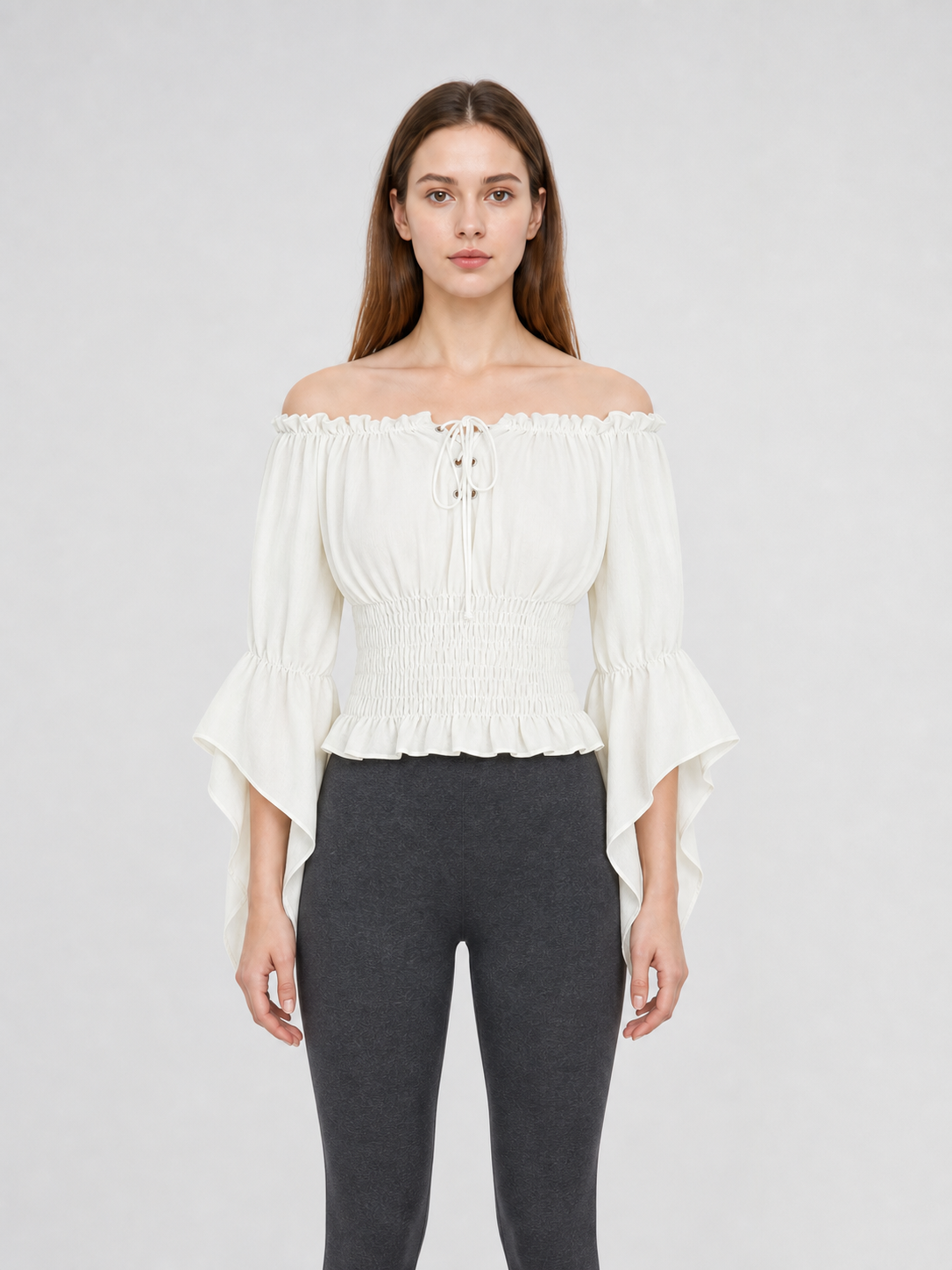 Off-the-Shoulder Lace-Up Crop Blouse