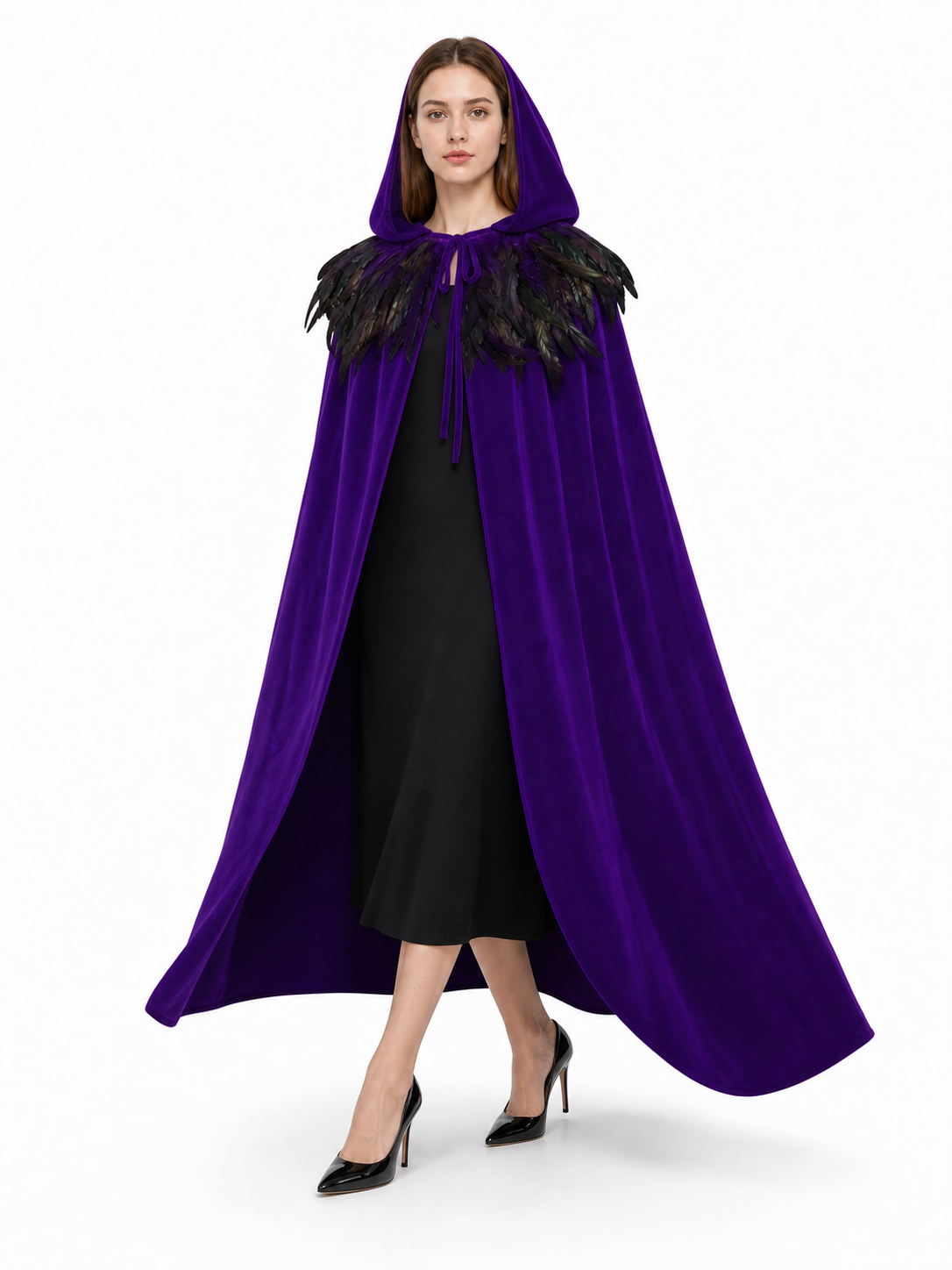 Purple Velvety Hooded Cape with Feathers