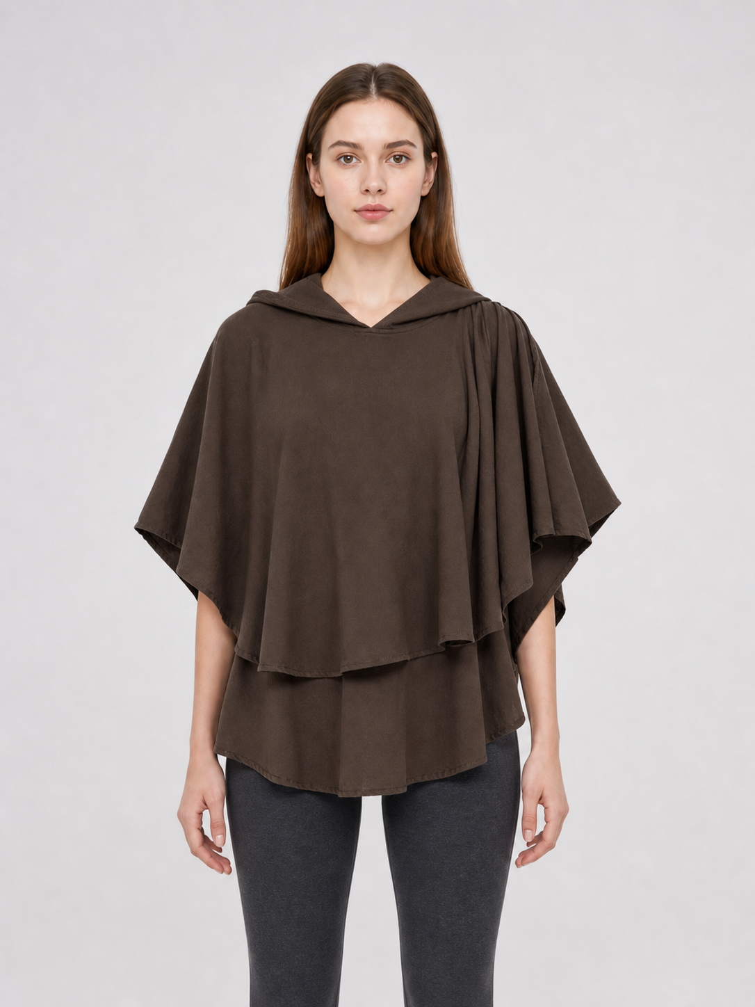 Women's Hooded Wanderer Cloak Costume with Layered Hem, Shoulder Draped Pleats