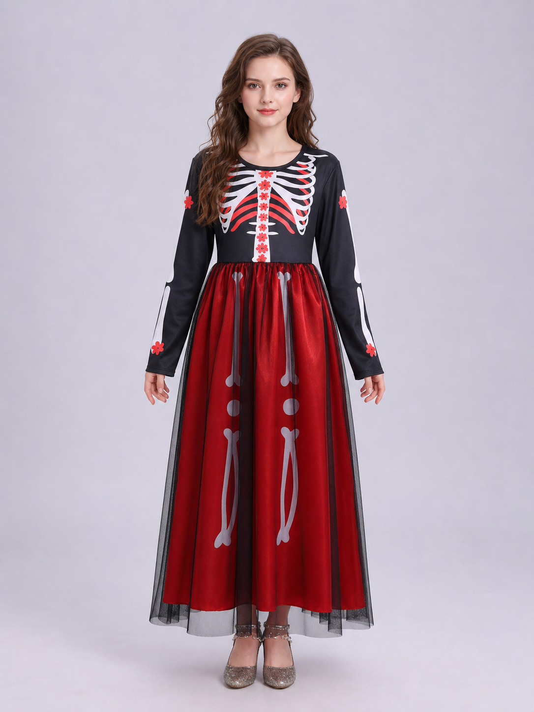 Halloween cosplay dress with a skeleton print