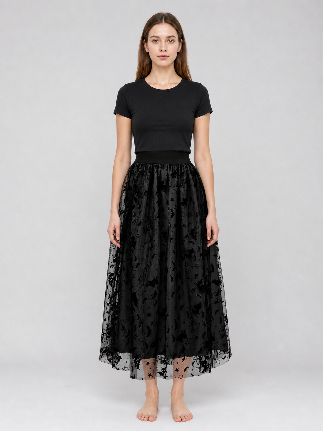 Black mesh midi skirt with bats