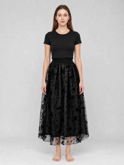 Black mesh midi skirt with bats