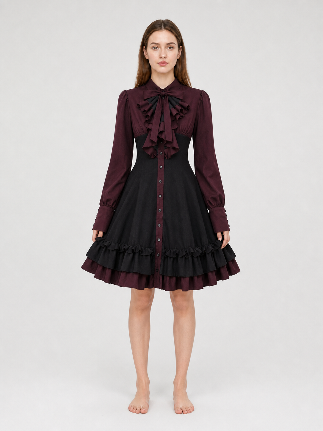 Women’s Gothic Renaissance Dress, Medieval Steampunk Style, Black And Burgundy Long Sleeve High Neck Ruffle A-Line Costume Outfit