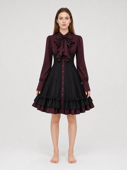 Women’s Gothic Renaissance Dress, Medieval Steampunk Style, Black And Burgundy Long Sleeve High Neck Ruffle A-Line Costume Outfit